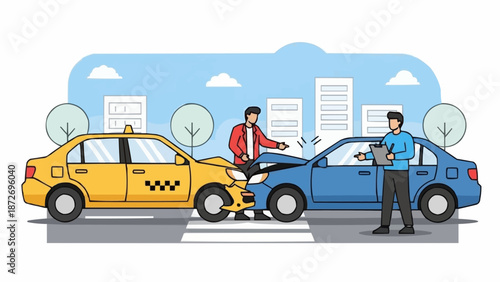 Two cars in a traffic accident on a city street.