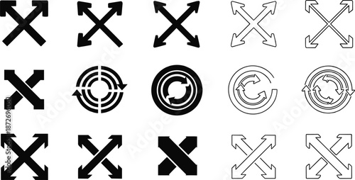 Expand and rotate arrow icons with crosshair and direction symbols for UI design, navigation, apps, and graphic projects