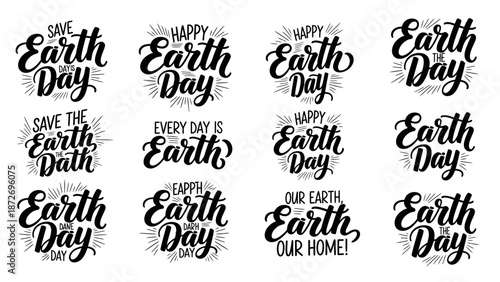 Collection of twelve different hand-lettered calligraphy phrases celebrating Earth Day and environmental awareness.