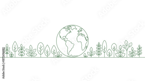 A minimalist illustration of the Earth surrounded by a line of diverse green trees and plants.