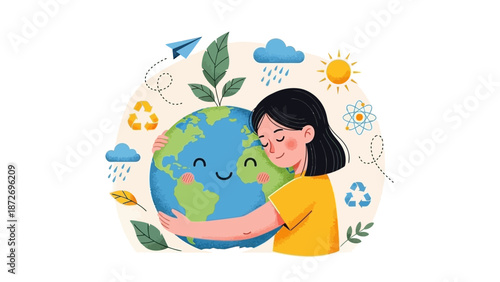 A young woman tenderly embraces a smiling planet Earth, symbolizing environmental care and a deep connection with nature.