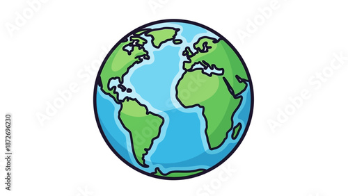 A colorful cartoon illustration of planet Earth, showing continents and oceans, against a white background.