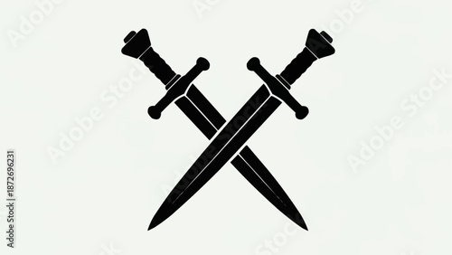 Two crossed swords in black silhouette against a white background.