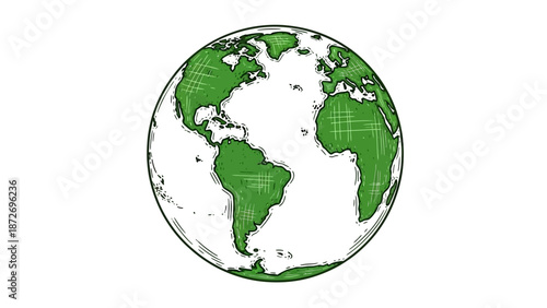 A hand-drawn illustration of planet Earth, emphasizing its continents in green against a white background.