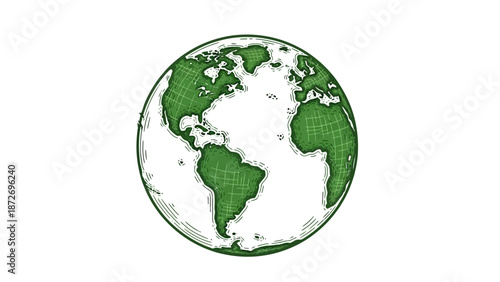 A hand-drawn illustration of planet Earth, emphasizing its green continents and blue oceans.