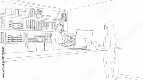 Two people interacting at a reception desk with bookshelves in the background.