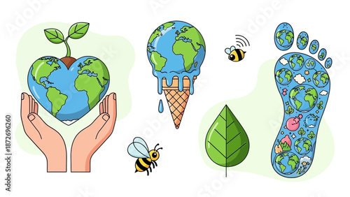 Illustrations depicting environmental issues like global warming, conservation, and ecological footprint, with bees and a leaf.