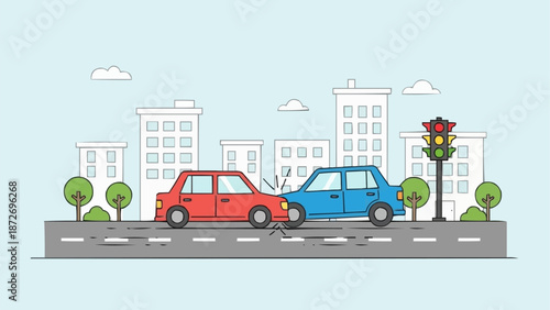 Two cars in a city street collision illustration.
