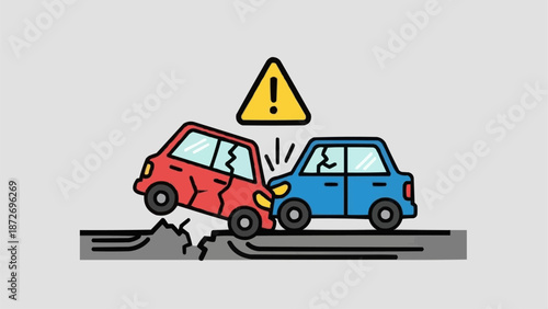 Two cars in a collision with a warning sign above.