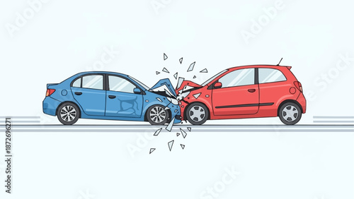 Two cars colliding in a traffic accident illustration.