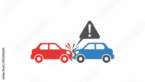 Two cars in a collision with an exclamation mark warning sign.