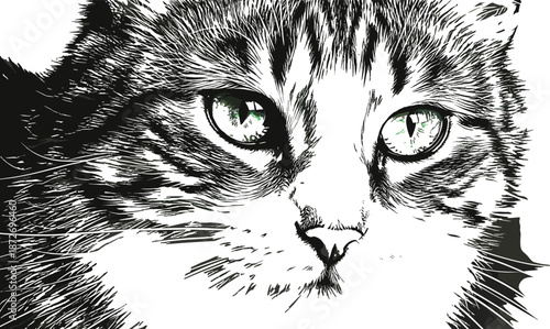 Highly stylized digital cat portrait with expressive green eyes, ink-like fur strokes, subtle blue and purple accents, detailed artistic illustration