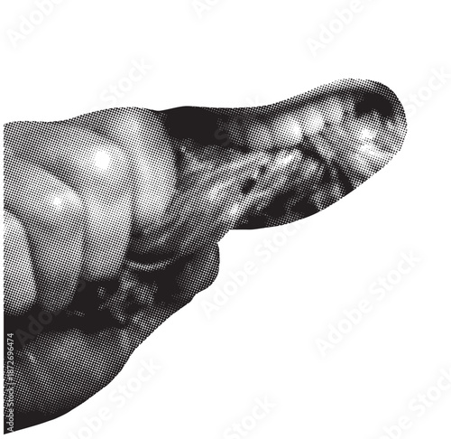 Halftone photocopy texture of hand holding meat being bitten by mouth
