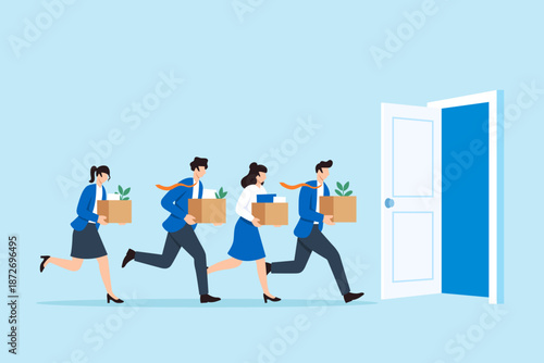 Flat illustration of staff carrying boxes rushing out through open door symbolizing mass resignation workforce turnover and employee exit from company