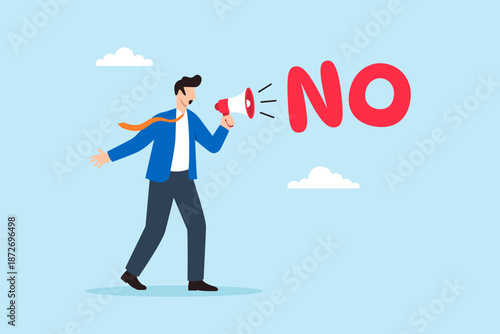 Flat illustration of businessman shouting NO through megaphone symbolizing refusal decision boundary setting and firm rejection