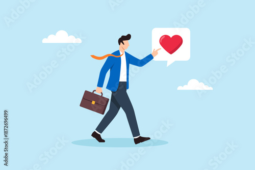 фотографія Flat illustration of businessman walking with briefcase touching heart icon symb