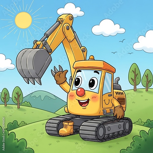 Cartoon excavator in green landscape.