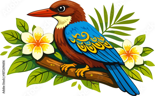 Colorful tropical bird perched on branch with frangipani flowers