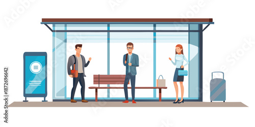 People waiting at a modern bus stop with digital information display