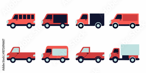 Colorful cartoon delivery trucks and vans in a simple flat design style