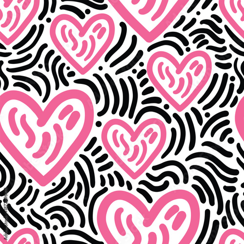 Pink heart with abstract doodle lines. Hand drawn seamless pattern for any design.