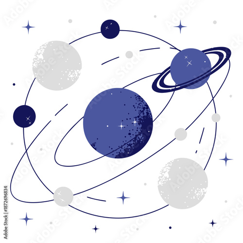 A stylized illustration of a planetary system with multiple celestial bodies orbiting around a central planet