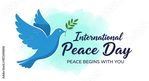 Vector illustration of a blue dove with an olive branch, symbolizing peace, freedom, love, and hope for the International Day of Peace. The design is a flat style with water colour background.