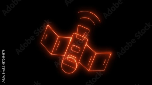 Glowing neon orange satellite outline drawing itself with radiating signal waves on a black background, global communication, internet connection, data network, or space exploration