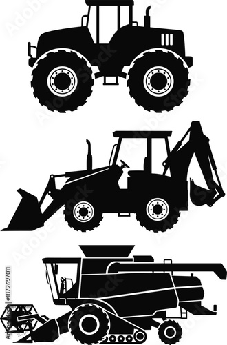 Agricultural machinery silhouettes set, tractor backhoe loader combine harvester heavy farm equipment icons isolated on white background illustration