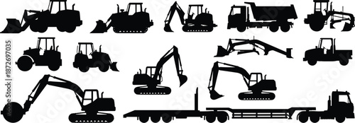 Construction vehicle silhouettes collection, excavator bulldozer loader tractor dump truck backhoe heavy machinery industrial equipment icons isolated white background