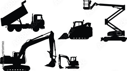 Construction machinery silhouettes set, dump truck excavator bulldozer boom lift heavy industrial vehicles icons isolated on white background