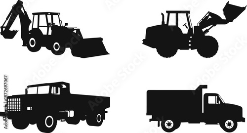 Construction vehicle silhouettes set, backhoe loader wheel loader dump truck heavy machinery industrial equipment icons isolated on white background