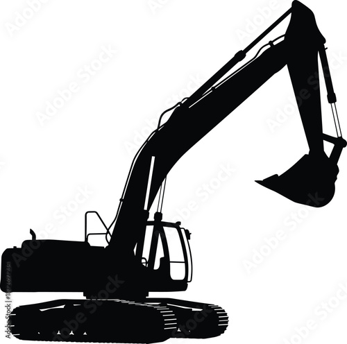Excavator silhouette illustration, crawler digger heavy machinery construction equipment industrial vehicle icon isolated on white background for engineering projects