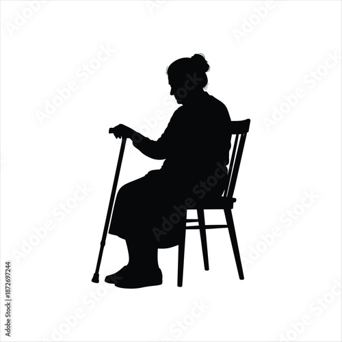 Simple grayscale icon depicting an elderly woman seated with a cane