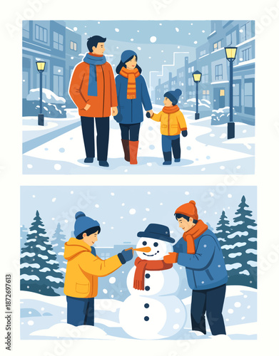 Winter family comic panels showing walking in town and building a snowman