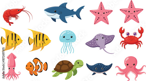 Cute collection of colorful sea animals and marine creatures including fish, shark, turtle, octopus, starfish, jellyfish, and more