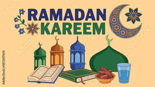Ramadan kareem greeting with islamic symbols and decorations for holy month