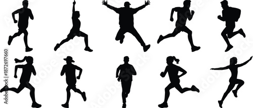  Active People Running and Jumping Silhouettes – Dynamic Human Motion Black Figures Set