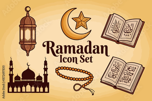 Ramadan icon set collection featuring mosque, quran, prayer beads, and lantern