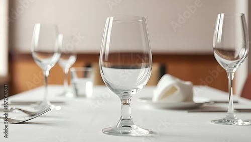 Elegant wine glass centered on a table, reflecting soft light in a minimalist and sophisticated setting.
