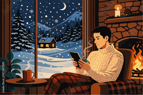 Cozy winter evening man reading book by fireplace with snowy window view