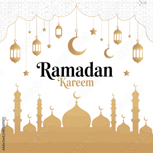 Ramadan kareem greeting card with mosque silhouette and hanging lanterns