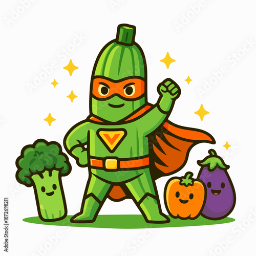Broccoli vegetable superhero character with pumpkin and eggplant friends
