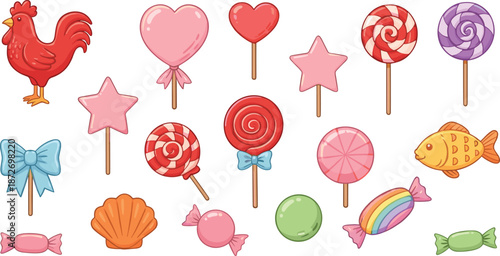 Colorful collection of cute candy and lollipop illustrations featuring hearts, stars, bows, sweets, and playful cartoon elements