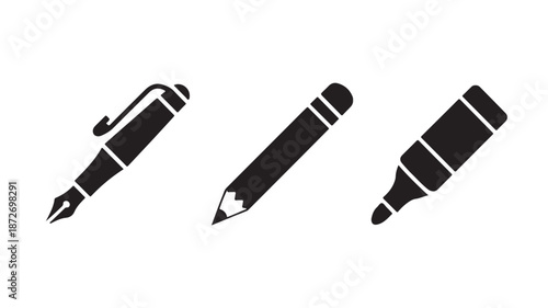 Stationery icons in minimalist style with black and white color scheme on isolated white background for office supplies