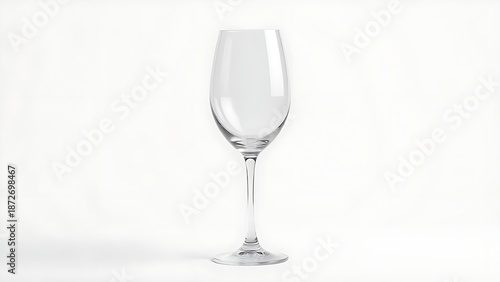 Elegant crystal wine glass with a delicate stem, beautifully lit against a white background.
