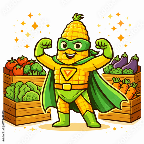 Corn vegetable superhero mascot with fresh farm produce crates