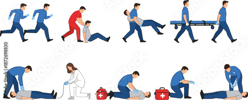 Emergency rescue and first aid vector illustrations showing paramedics performing CPR, patient transport, and lifesaving medical procedures