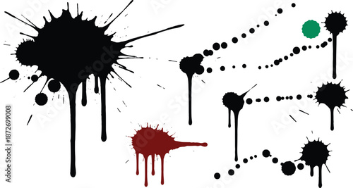Abstract Ink Splatters and Drips in Black Red and Green on White Background for Artistic, Forensic, and Graphic Design Projects