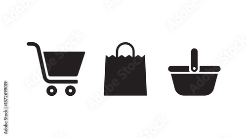 Shopping Cart, Bag, and Basket Icons in Simple Flat Design with Black Color on White Background for E-commerce